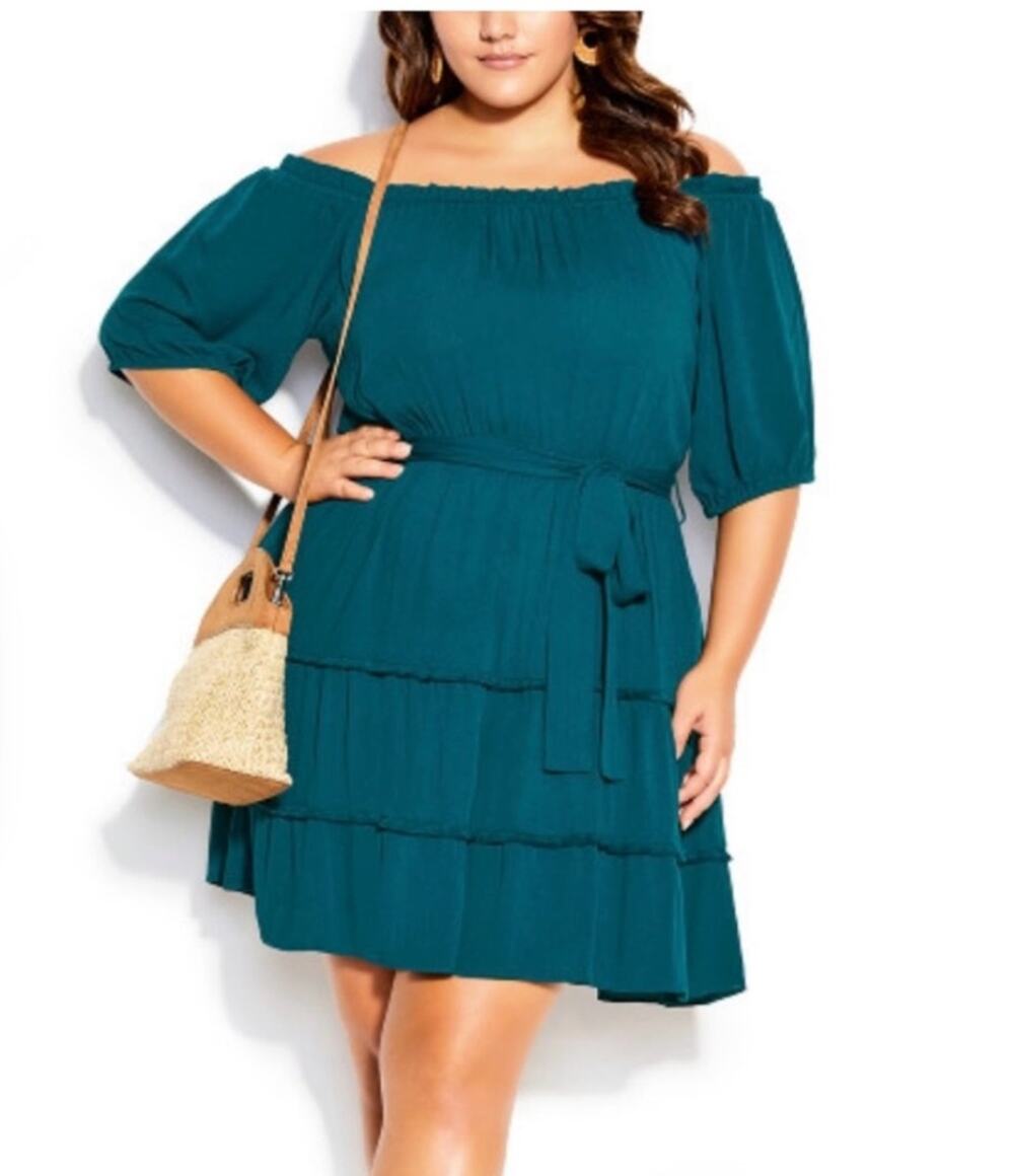 City Chic Teal Fiesta Fringe Mini Dress Plus Size 18 Off Shoulder Boho Tie Waist